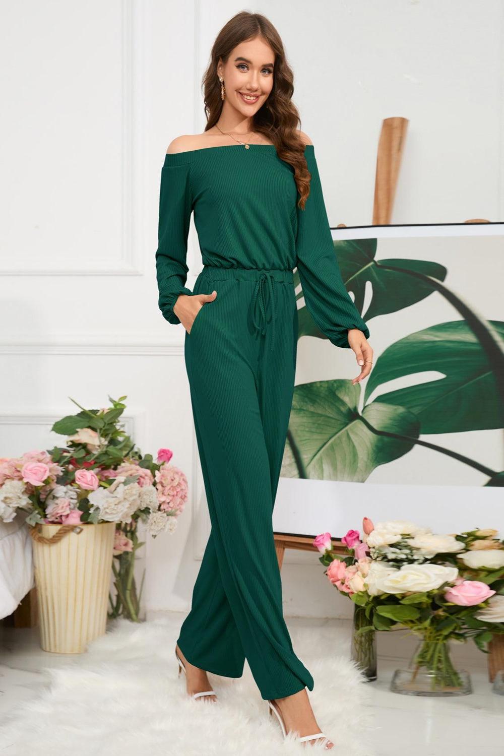 Off-Shoulder Straight Leg Jumpsuit.