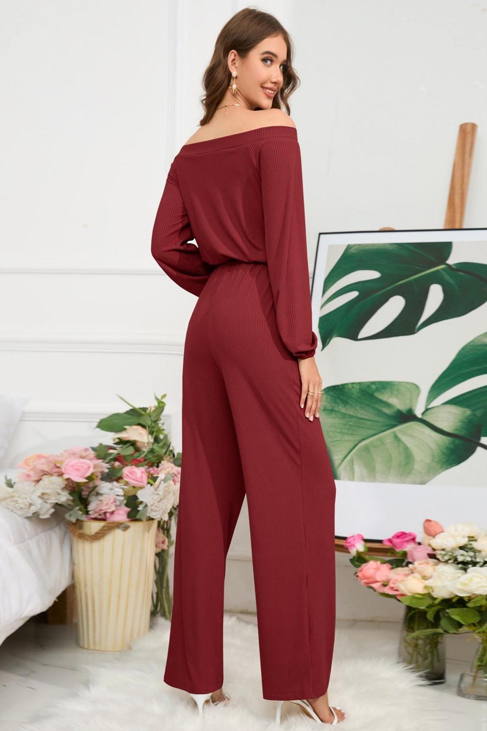 Off-Shoulder Straight Leg Jumpsuit.