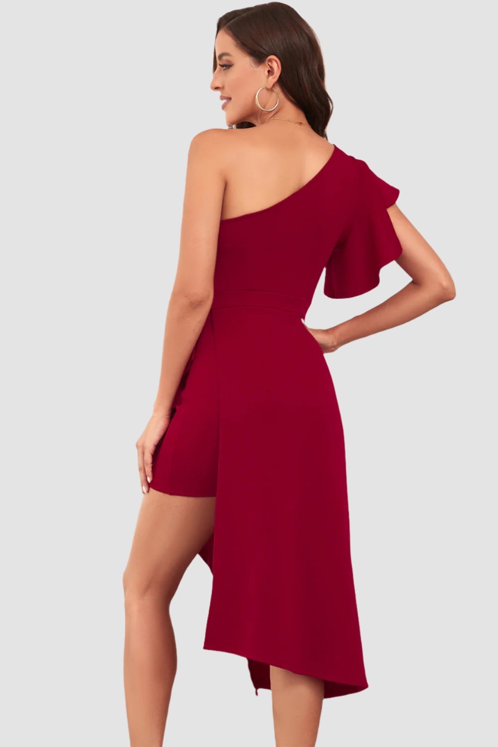 One-Shoulder Flutter Sleeve Asymmetrical Dress.