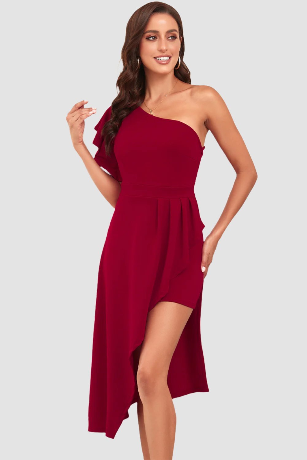 One-Shoulder Flutter Sleeve Asymmetrical Dress.