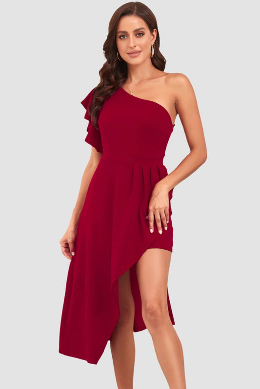 One-Shoulder Flutter Sleeve Asymmetrical Dress.