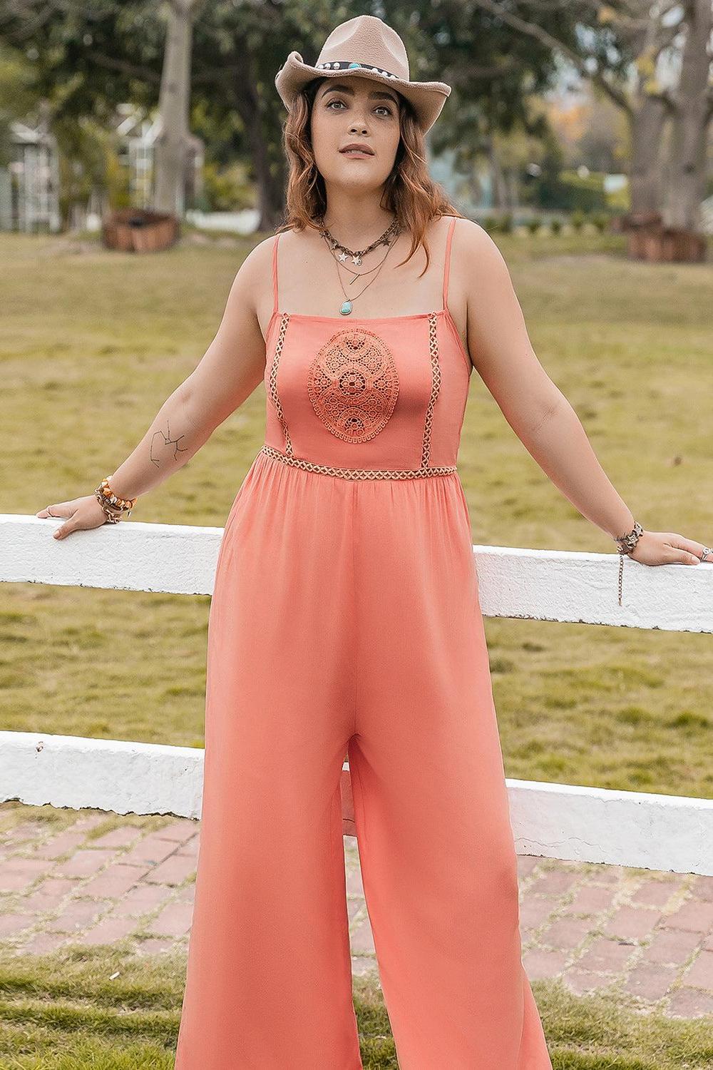 Plus Size Lace Detail Spaghetti Strap Wide Leg Jumpsuit.