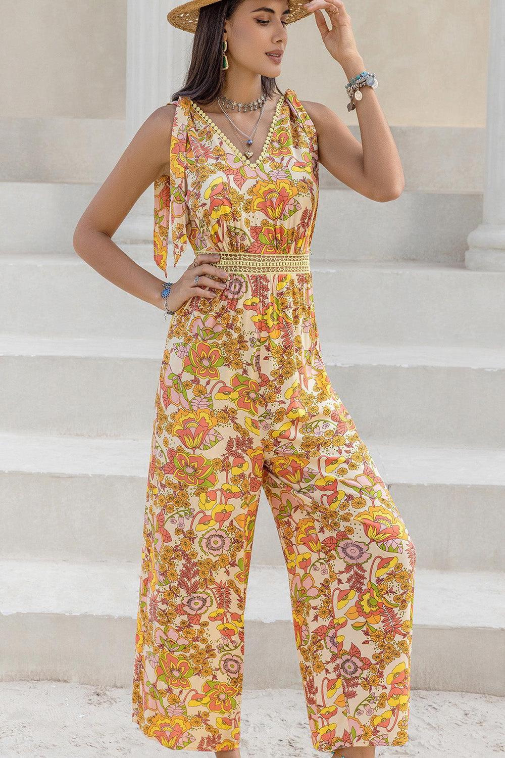 Printed V-Neck Tie Shoulder Jumpsuit