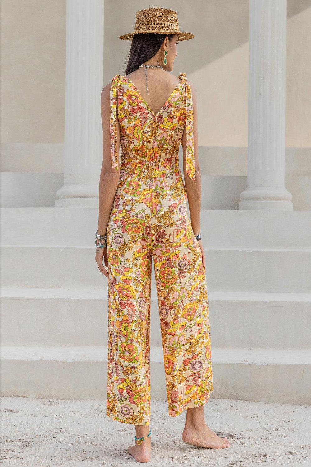 Printed V-Neck Tie Shoulder Jumpsuit