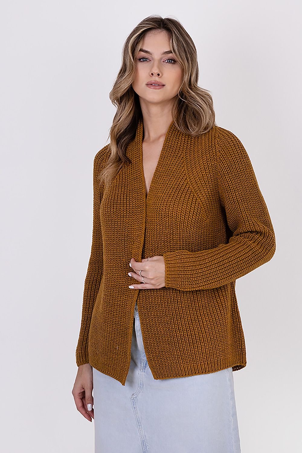  A ribbed cardigan featuring a standup collar showcasing a textured knit design in a neutral color.