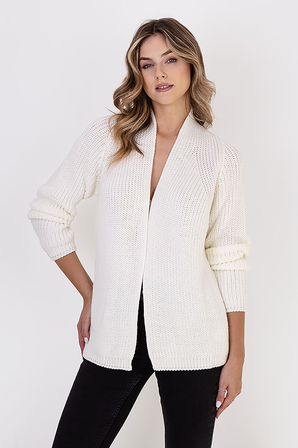  A ribbed cardigan featuring a standup collar showcasing a textured knit design in a neutral color.