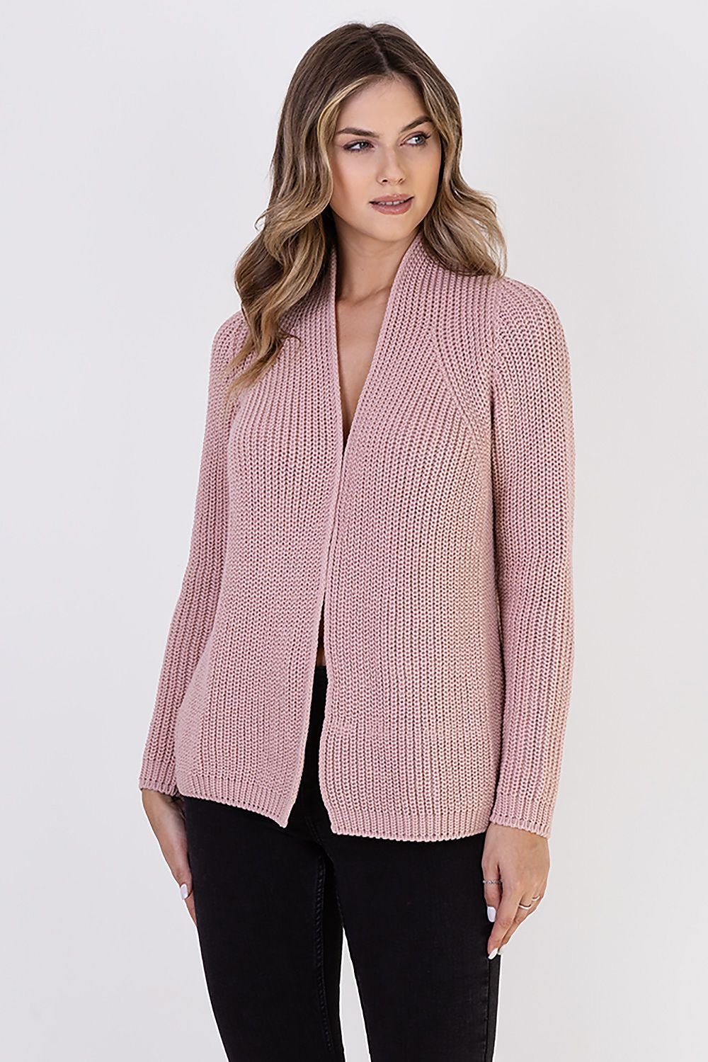  A ribbed cardigan featuring a standup collar showcasing a textured knit design in a neutral color.