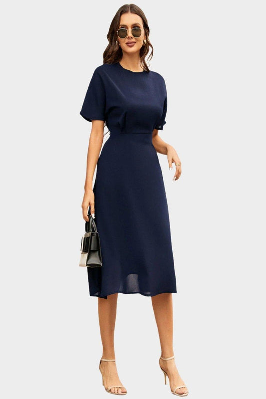 Round Neck Short Sleeve Midi Dress.