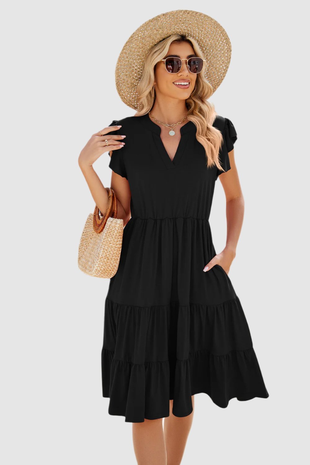 Ruched Notched Cap Sleeve Dress.