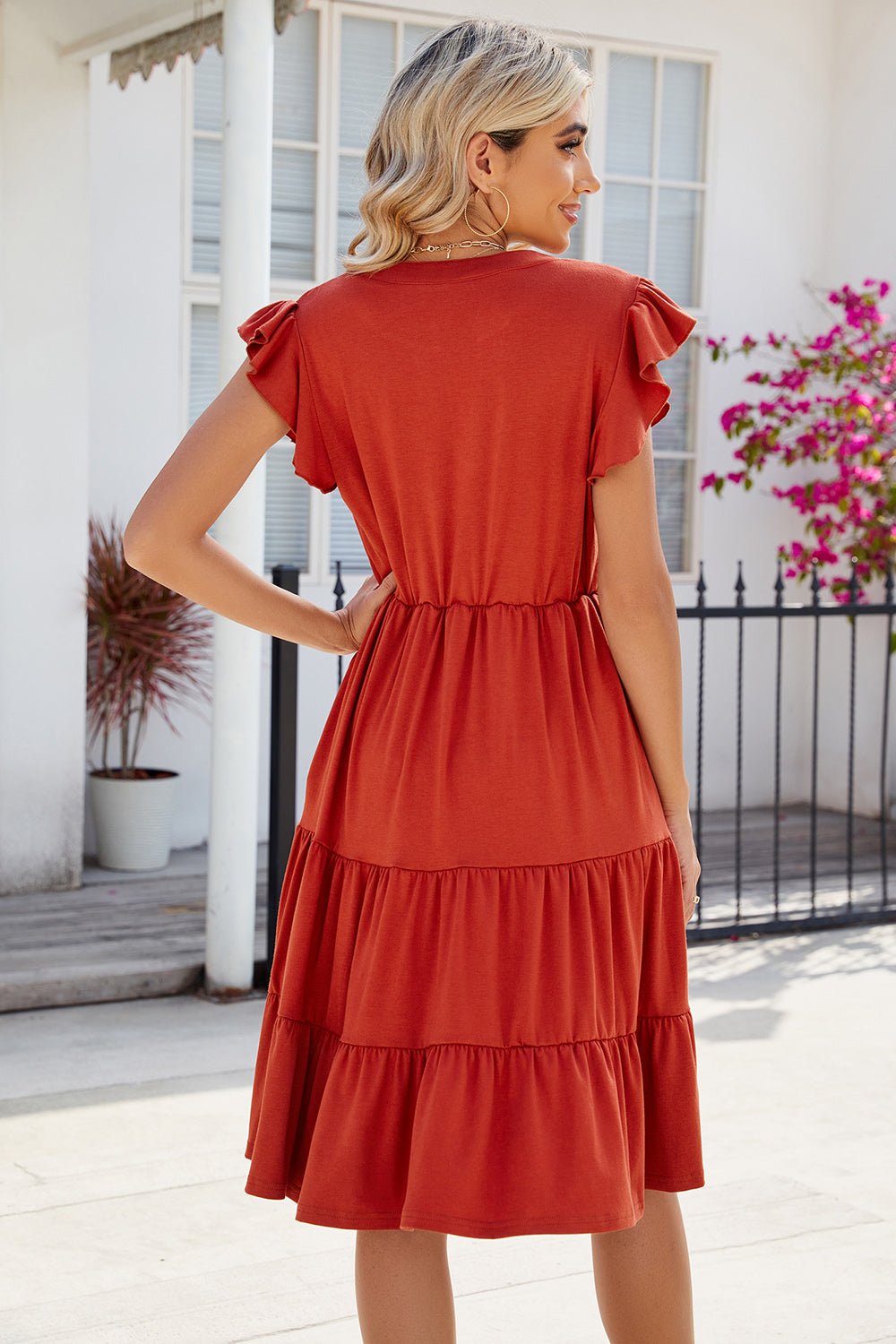 Ruched Notched Cap Sleeve Dress.