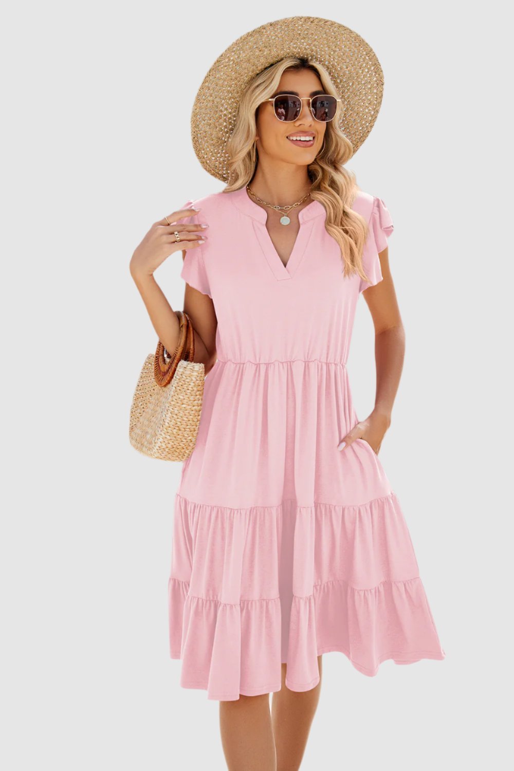 Ruched Notched Cap Sleeve Dress.