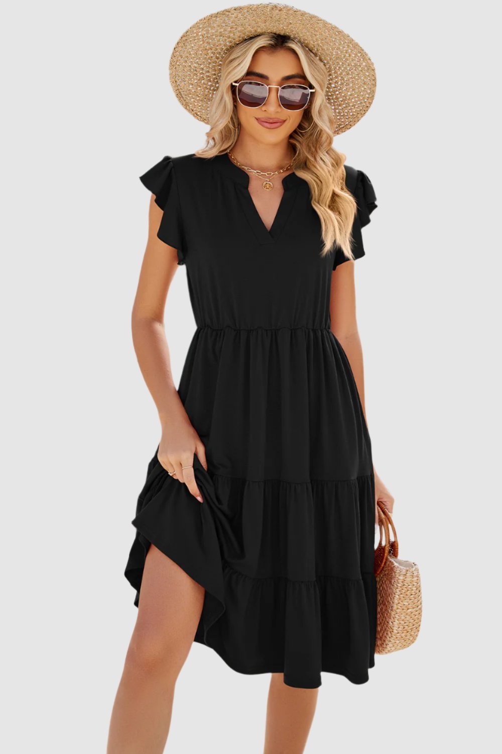 Ruched Notched Cap Sleeve Dress.