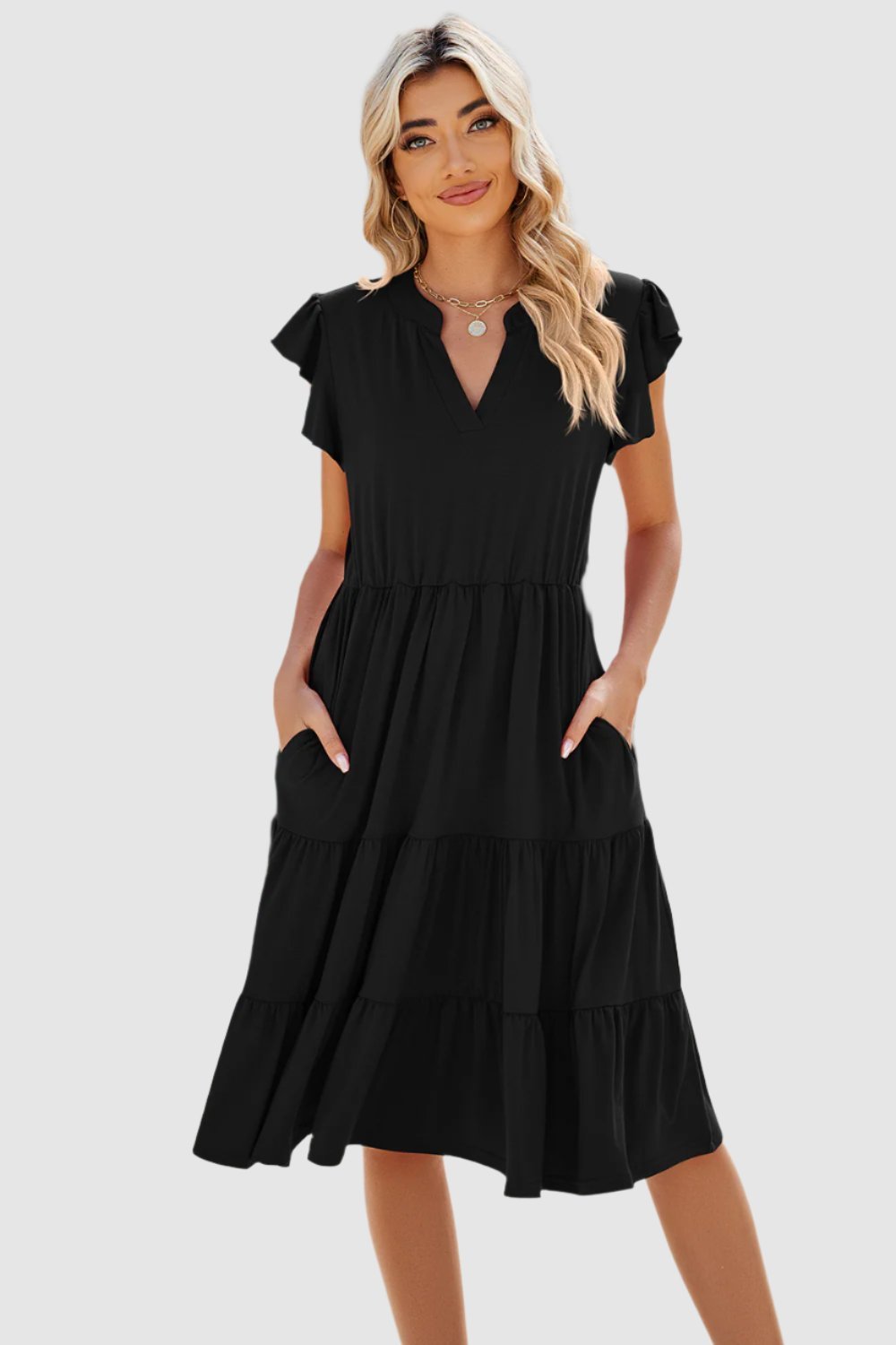 Ruched Notched Cap Sleeve Dress.