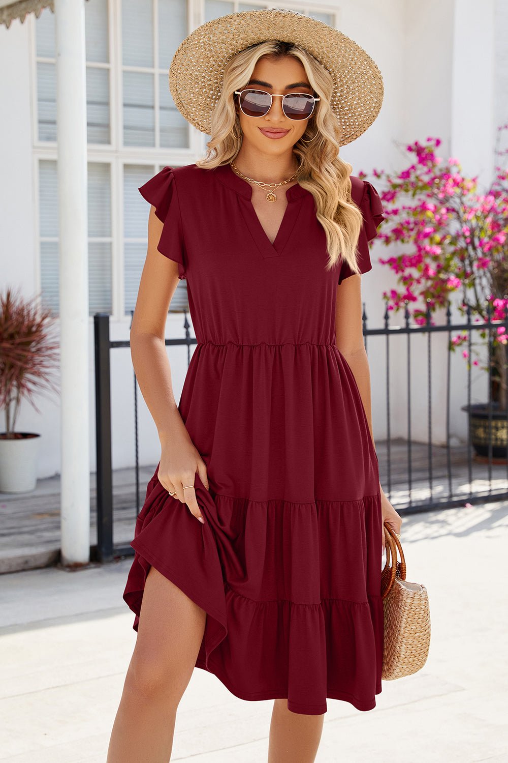 Ruched Notched Cap Sleeve Dress.