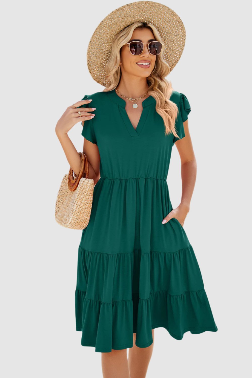 Ruched Notched Cap Sleeve Dress.