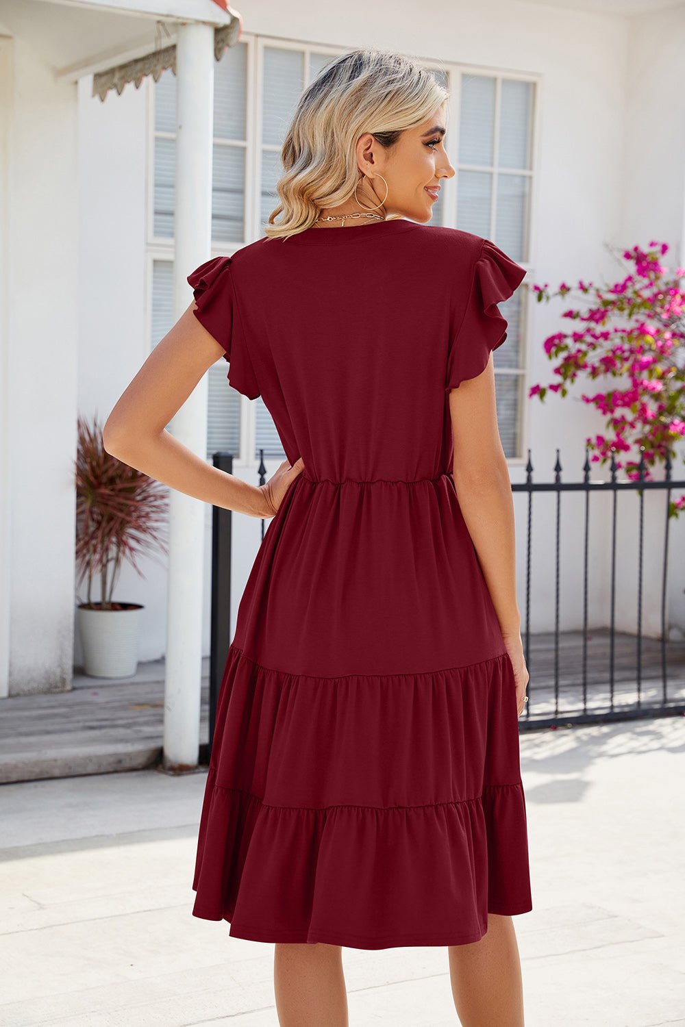 Ruched Notched Cap Sleeve Dress.