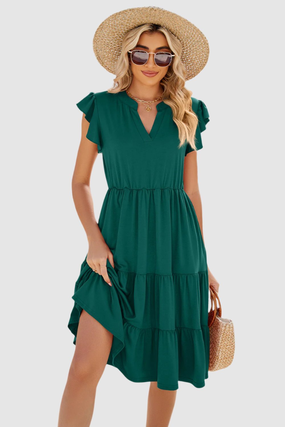 Ruched Notched Cap Sleeve Dress.