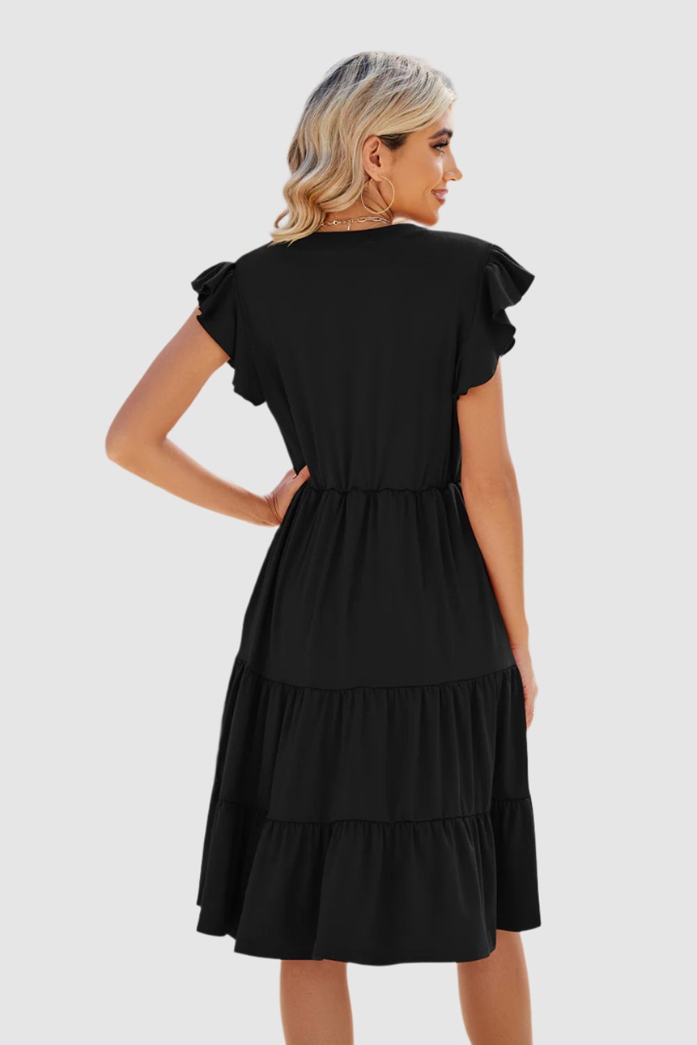 Ruched Notched Cap Sleeve Dress.