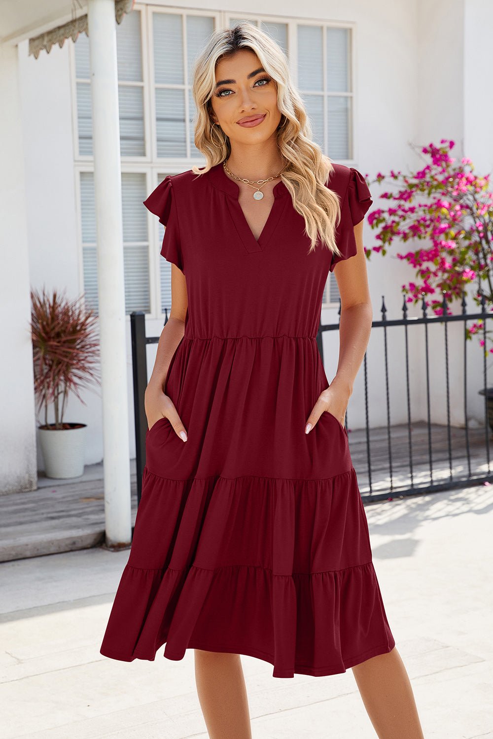 Ruched Notched Cap Sleeve Dress.