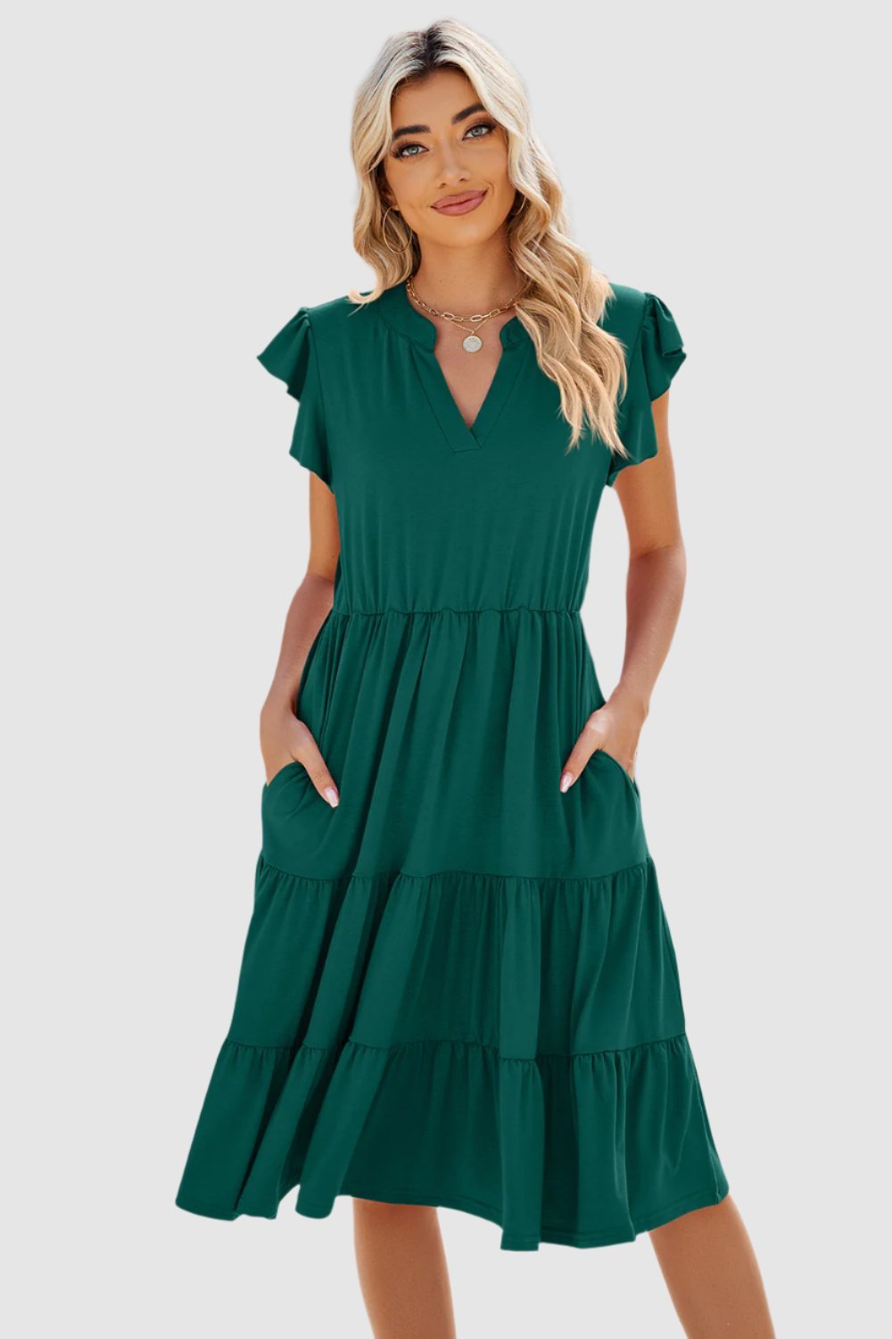 Ruched Notched Cap Sleeve Dress.