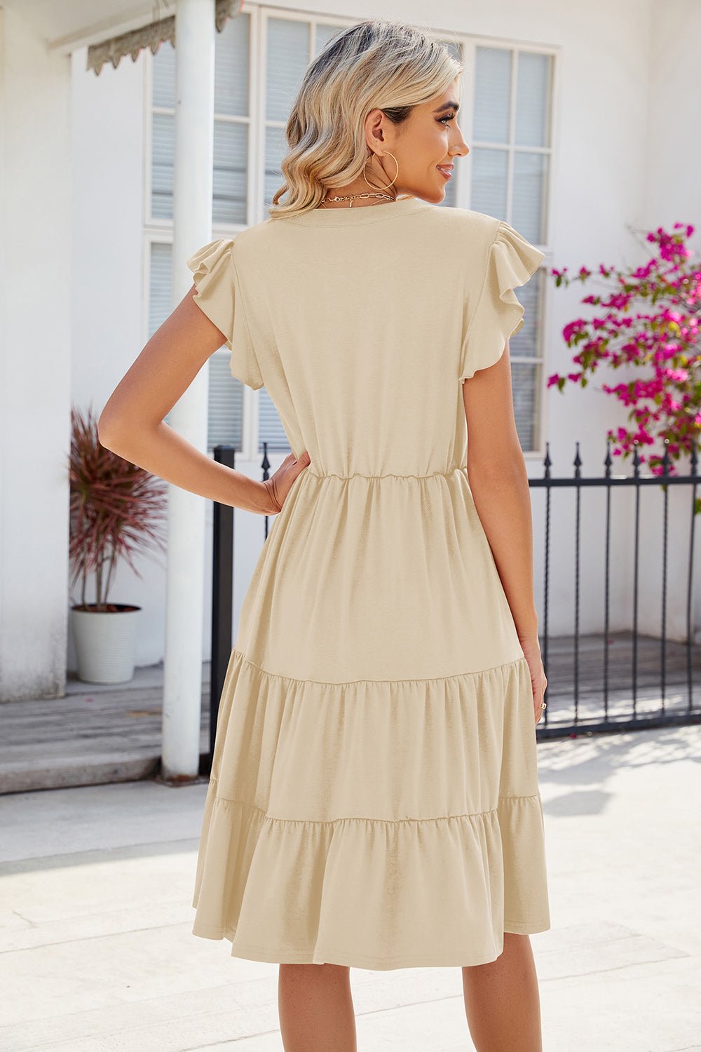 Ruched Notched Cap Sleeve Dress.