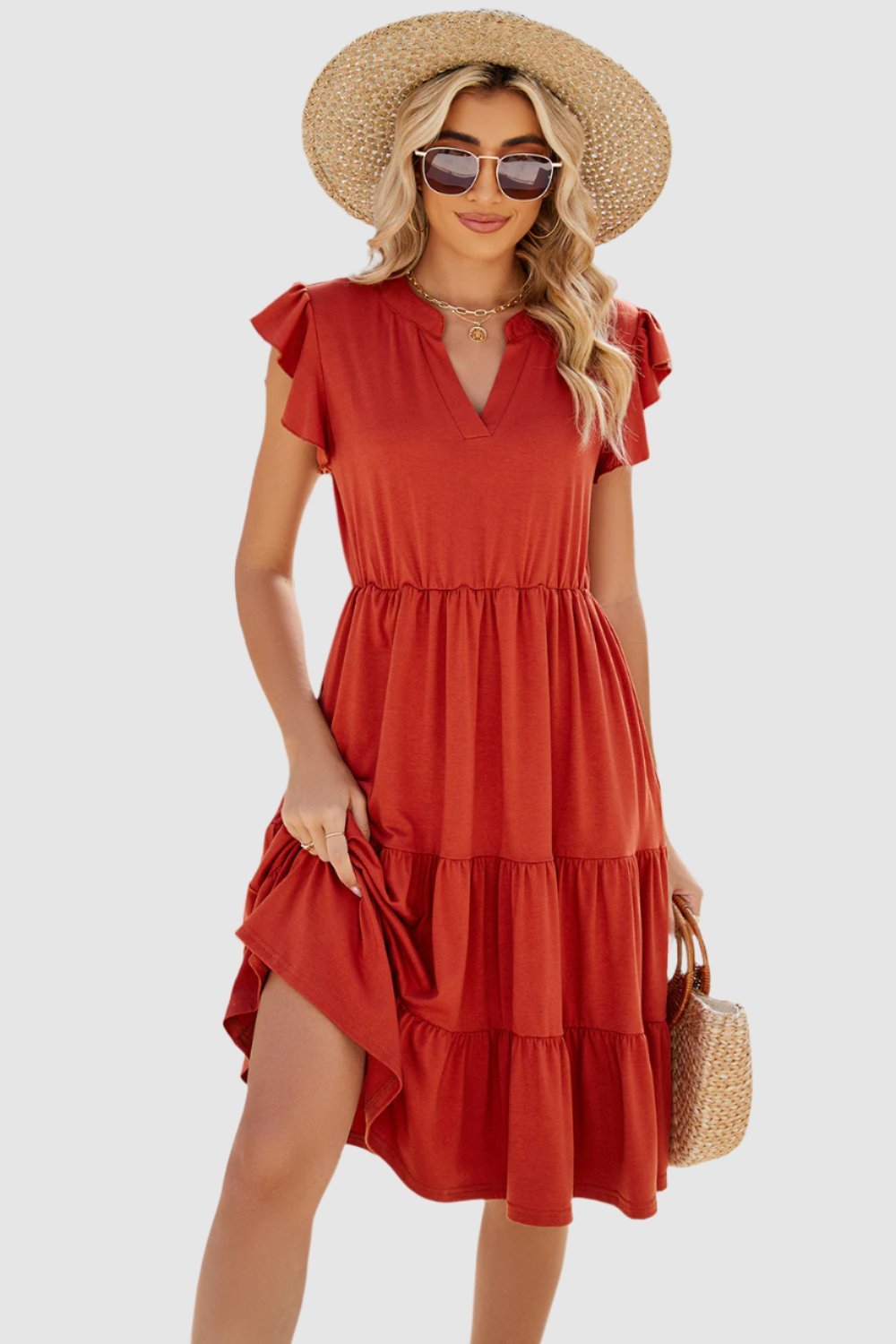 Ruched Notched Cap Sleeve Dress.