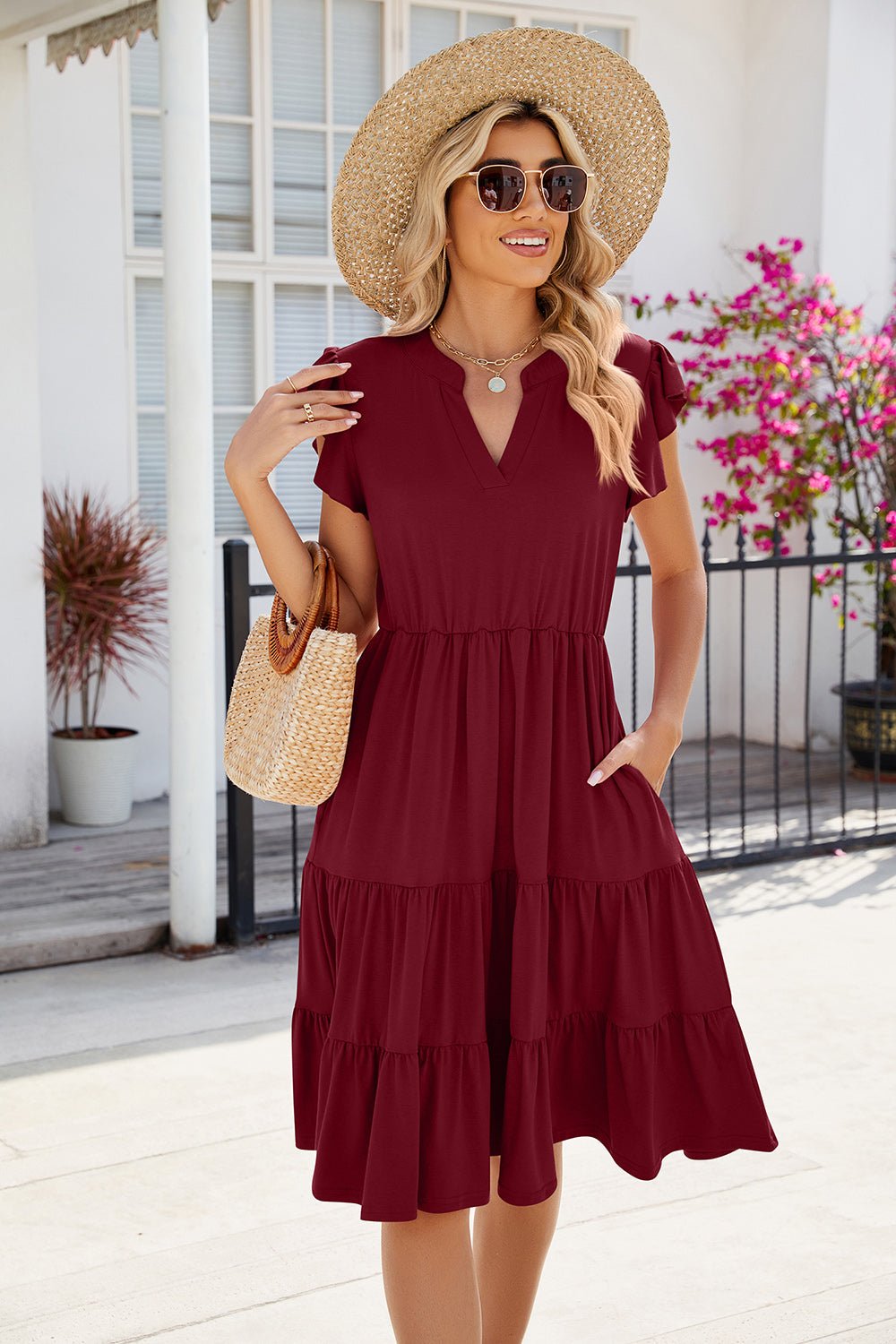 Ruched Notched Cap Sleeve Dress.