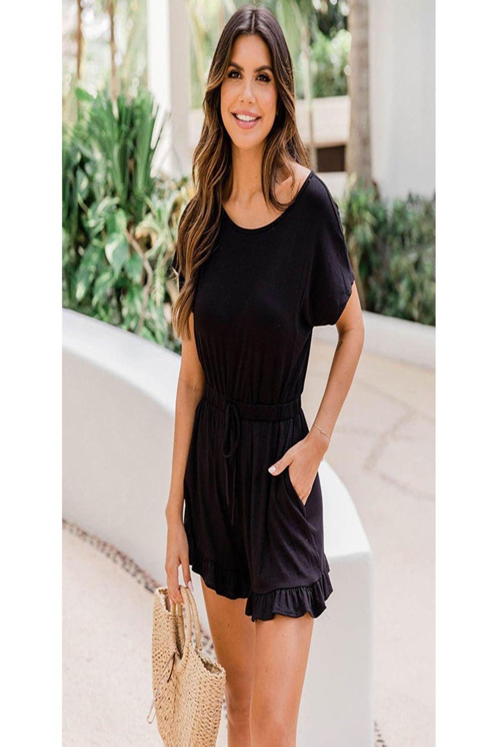 Ruffled Boat Neck Short Sleeve Romper