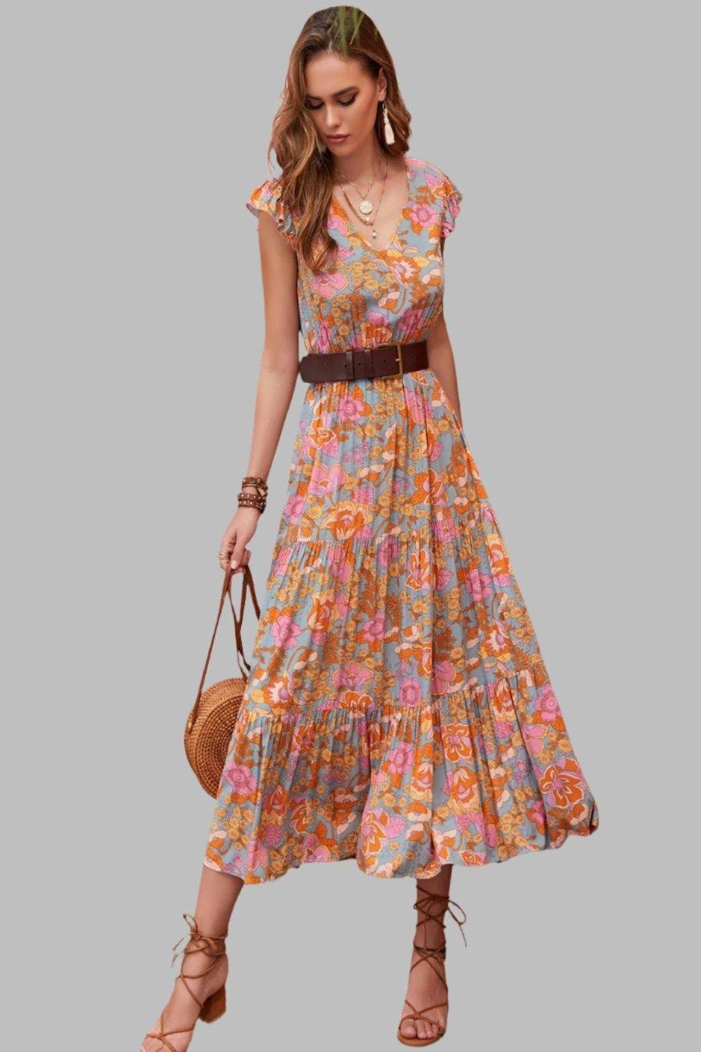 Ruffled Printed V-Neck Cap Sleeve Tiered Dress.