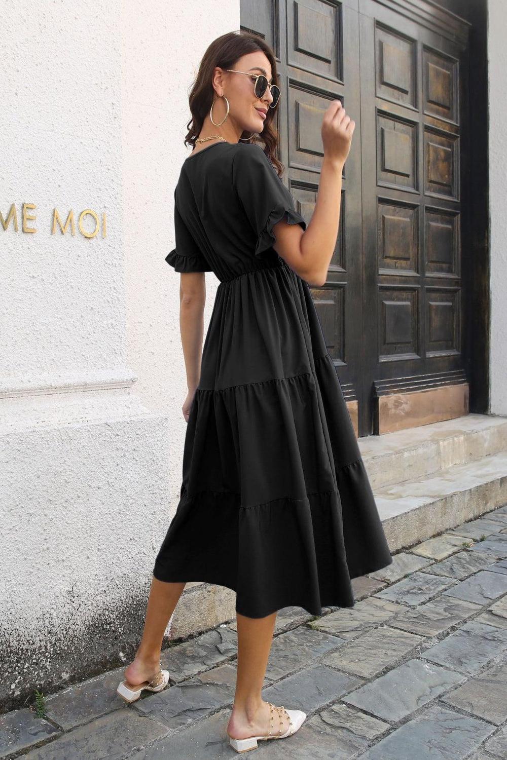 V-Neck Short Sleeve Midi Dress.