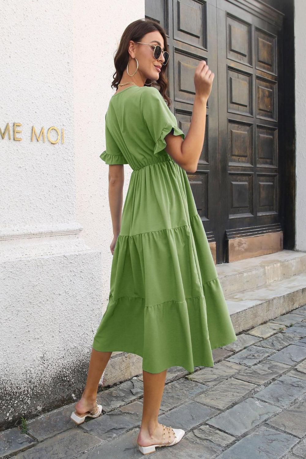 V-Neck Short Sleeve Midi Dress.