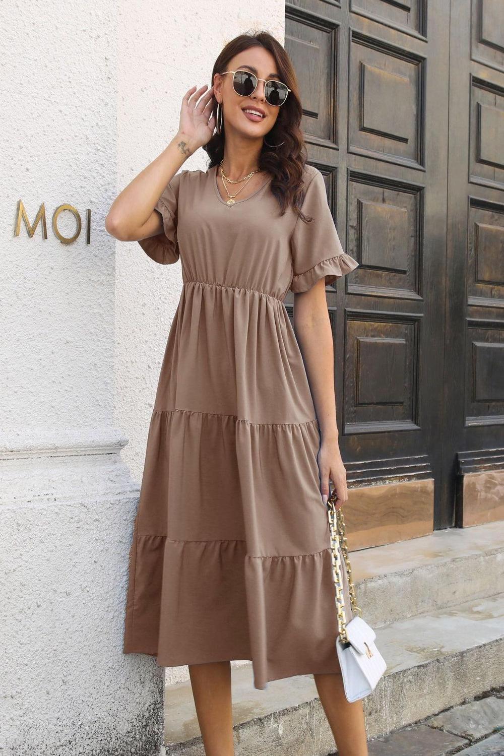 V-Neck Short Sleeve Midi Dress.