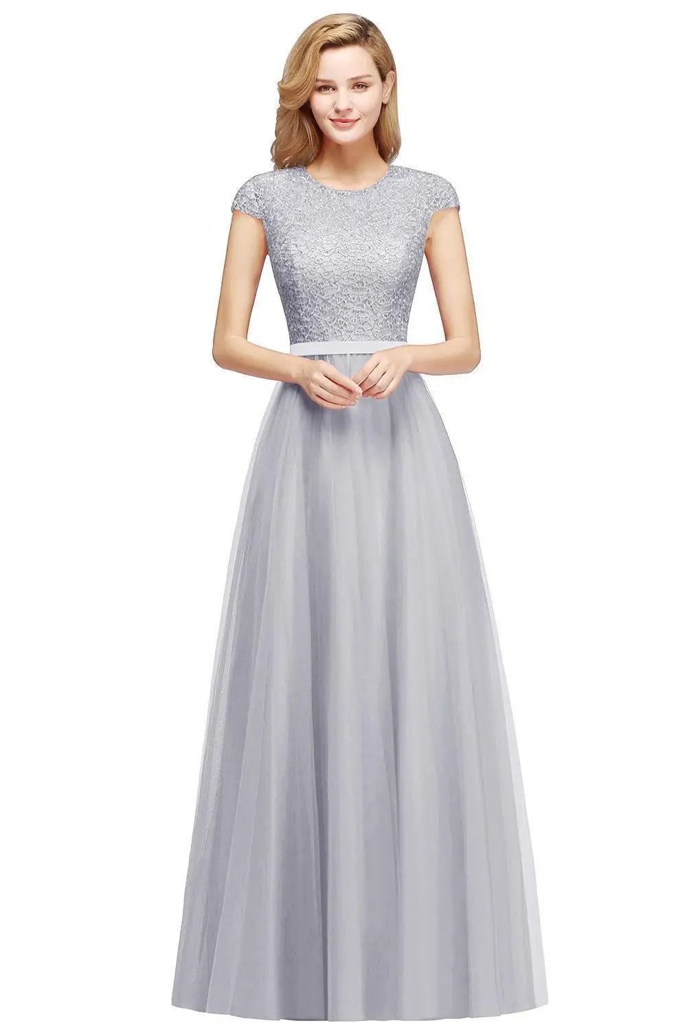 Elegant Aline floorlength dress with a scoop neckline and short lace sleeves designed for women attending special events or prom.