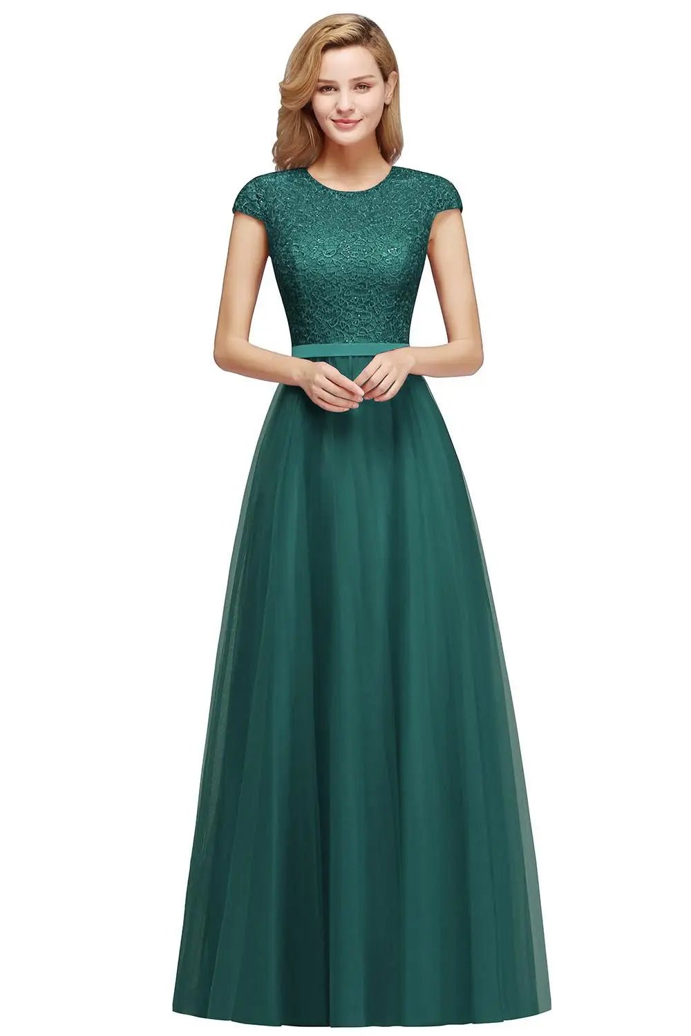 Elegant Aline floorlength dress with a scoop neckline and short lace sleeves designed for women attending special events or prom.