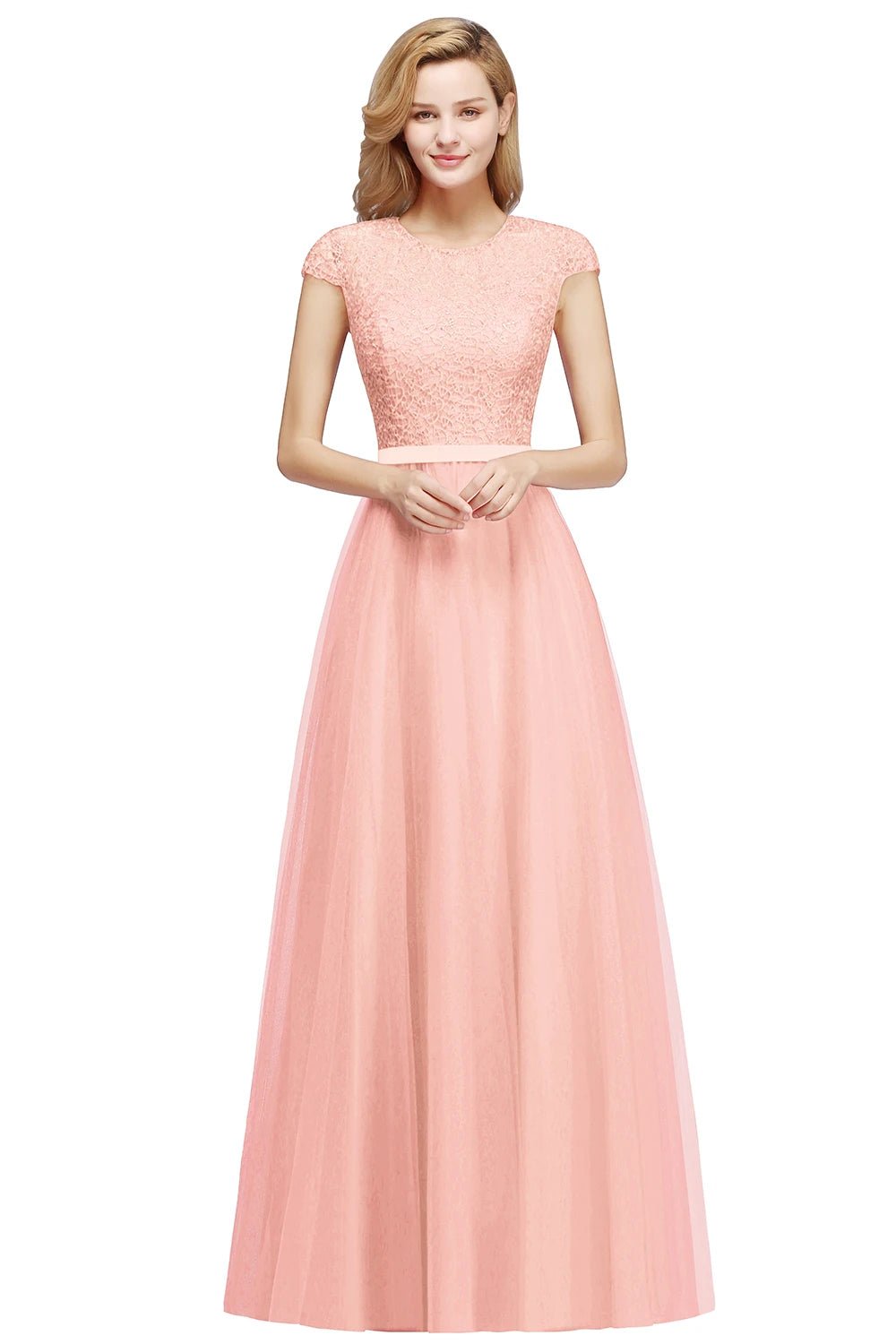 Elegant Aline floorlength dress with a scoop neckline and short lace sleeves designed for women attending special events or prom.