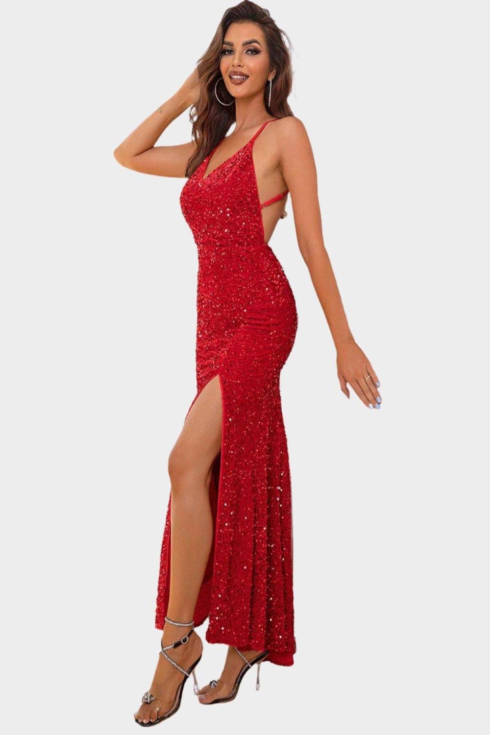 Slit Sequin V-Neck Cami Dress.