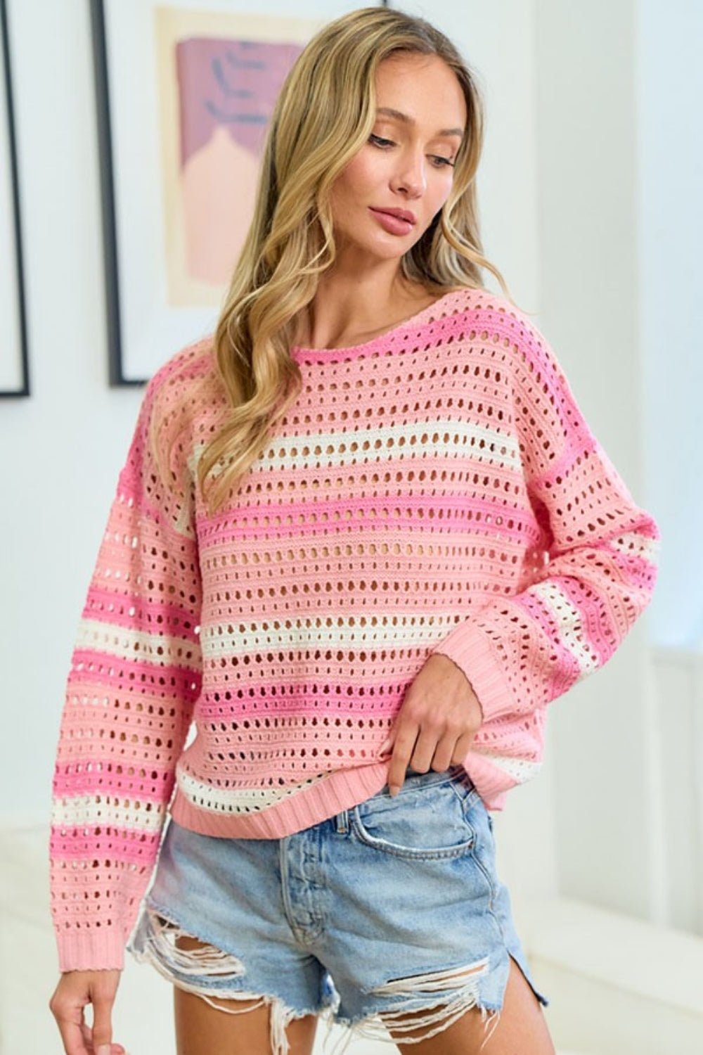 A stylish striped long sleeve openwork knit top featuring a lightweight breathable design with intricate patterns and a relaxed fit perfect for layering or casual wear.