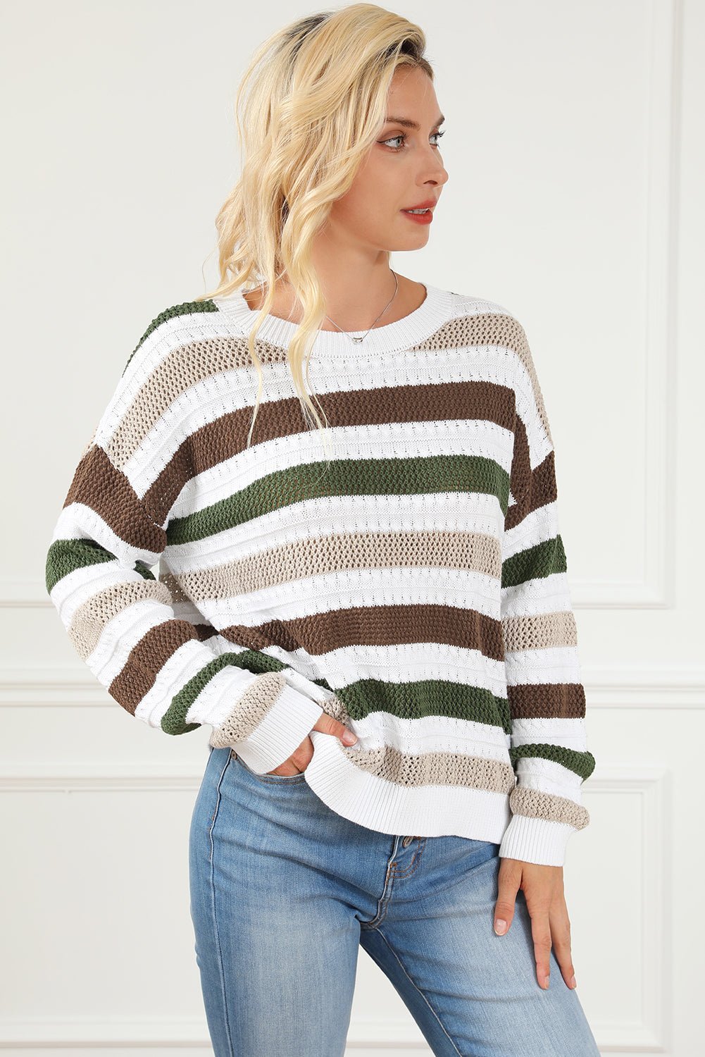 Striped Openwork Dropped Shoulder Sweater