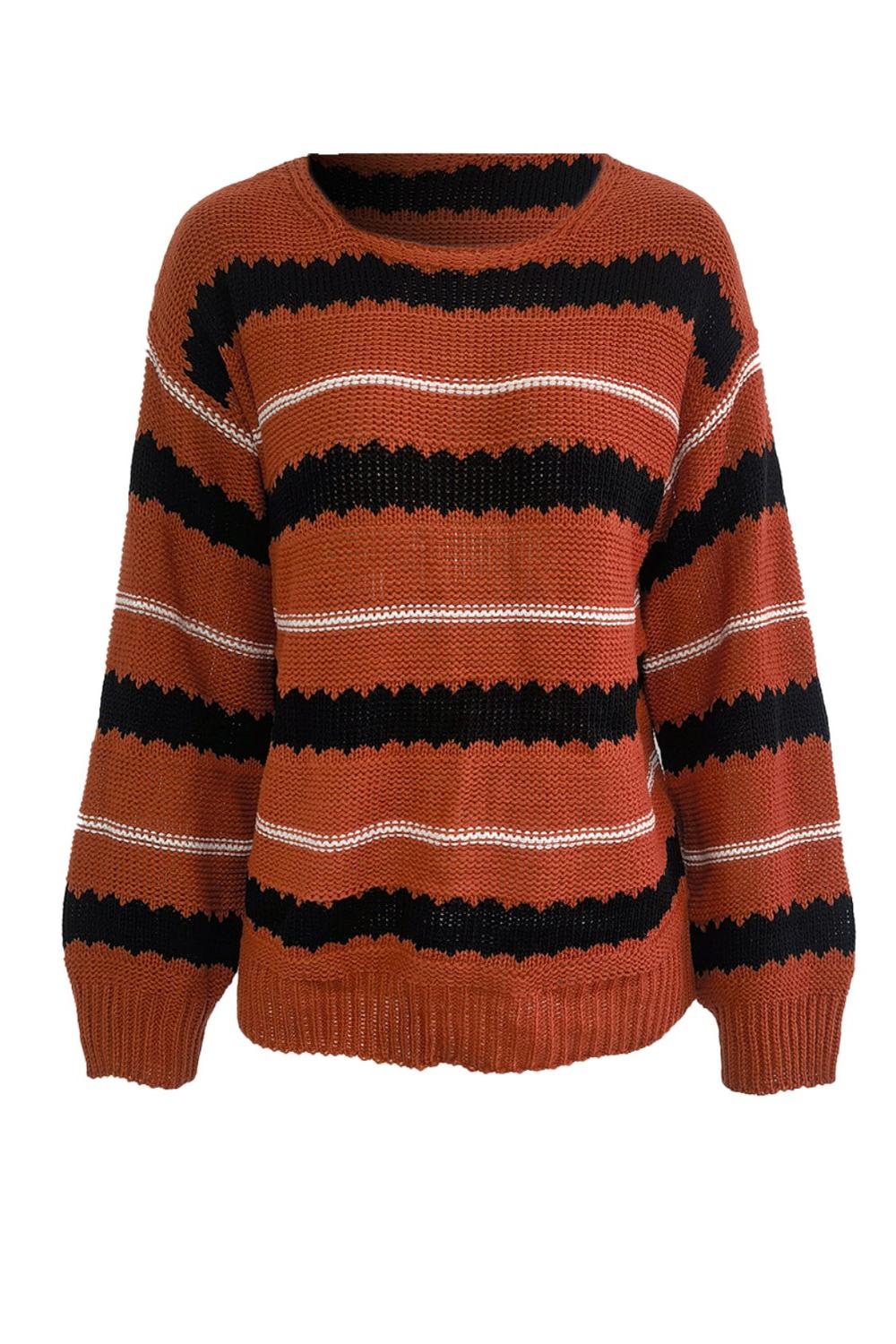 Striped round neck long sleeve sweater featuring a mix of bold colors and a relaxed fit displayed on a neutral background.