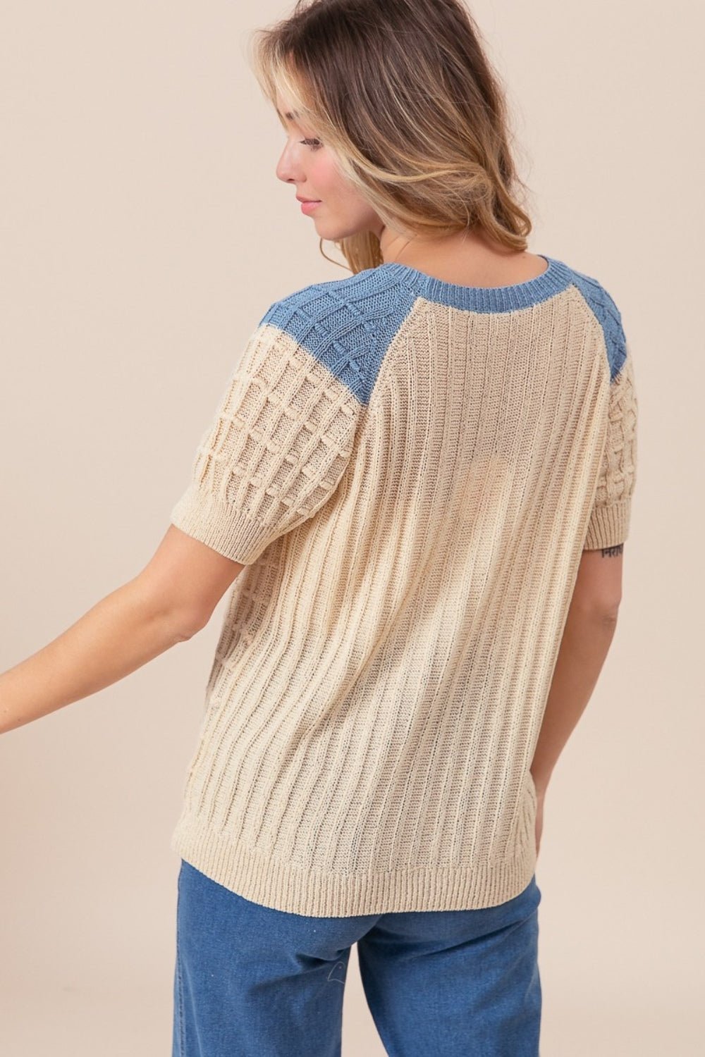 Textured Contrast Short Sleeve Sweater