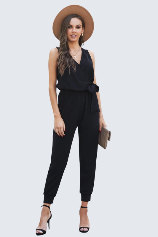 Stylish tied surplice neck sleeveless jumpsuit with a flattering fit, perfect for both casual outings and chic events.