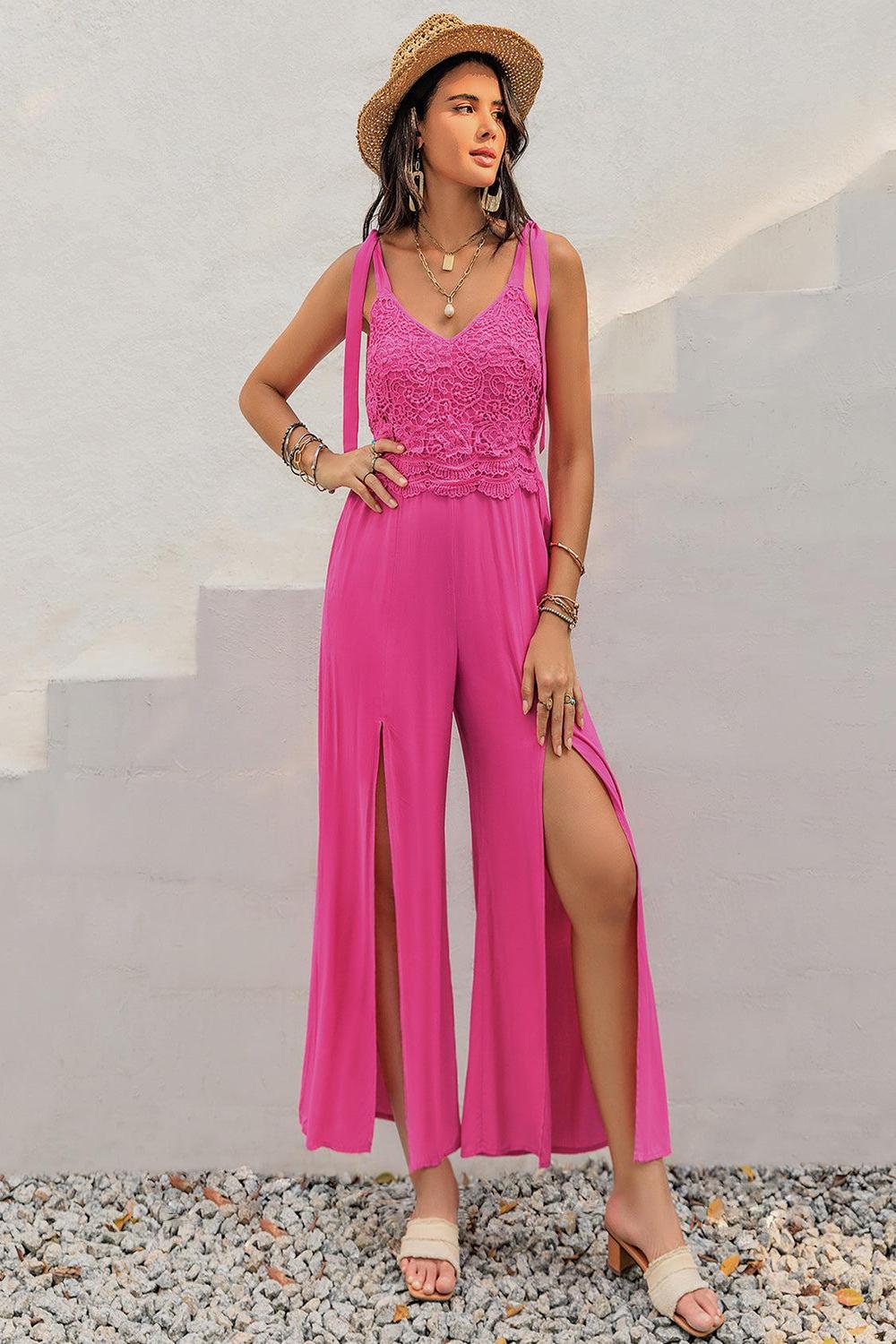 V-Neck Wide Strap Slit Jumpsuit